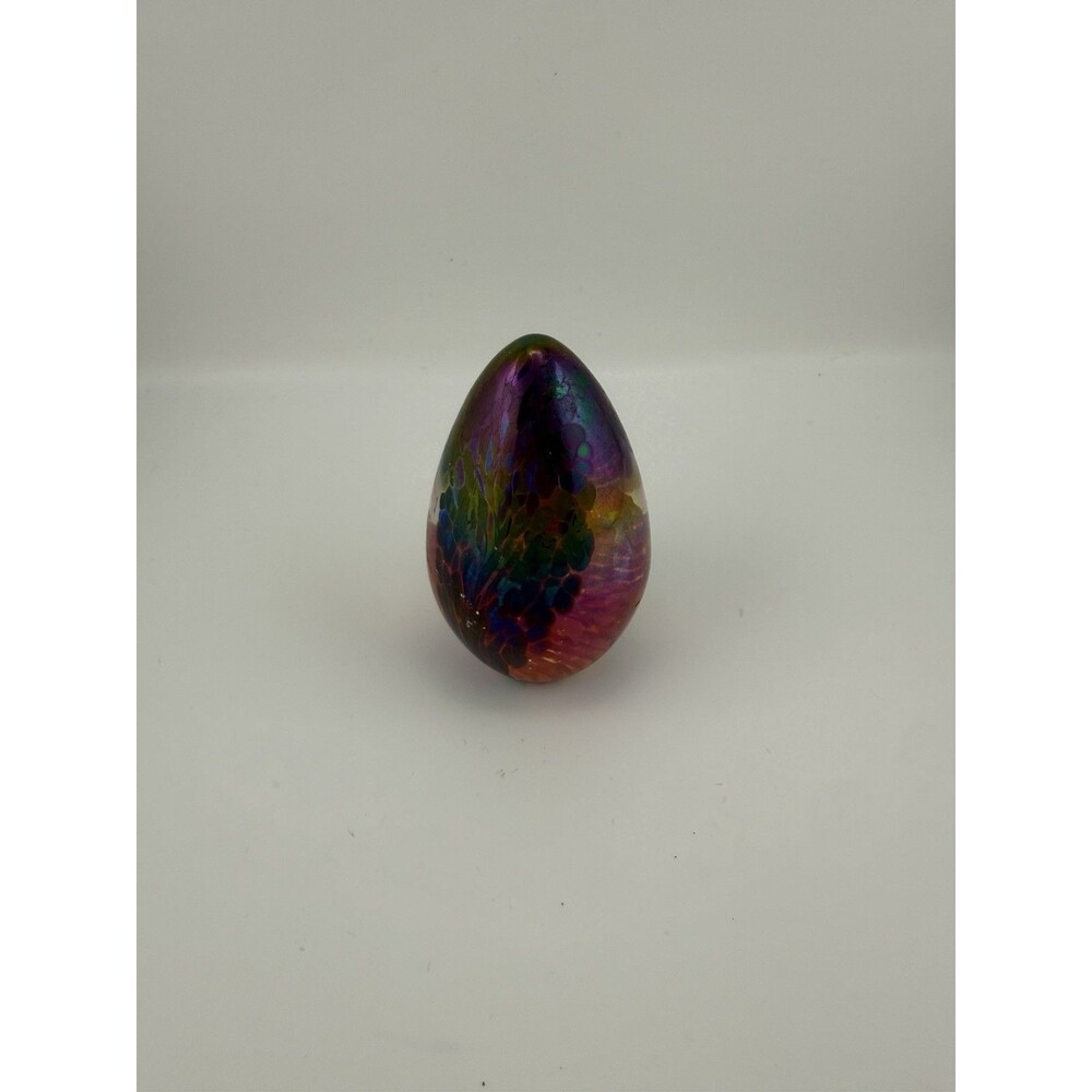 Vintage Iridescent Art Glass Egg Paperweight – Multicolor Hand-Blown Glass
